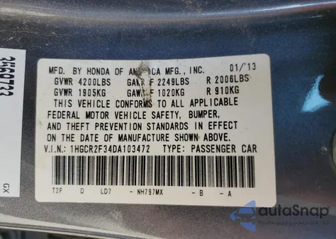 2013 Honda Accord Lx z USA, uszkodzony, nr VIN 1HGCR2F34DA103472